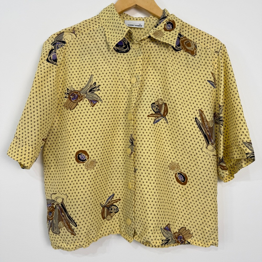 Vintage Gerry Weber‎ Button Up Shirt Womens L Mustard Yellow Abstract Boxy Euro